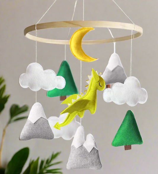 Handmade Felt Dragon Baby Mobile – Unisex Nursery Decor & Baby Shower Gift