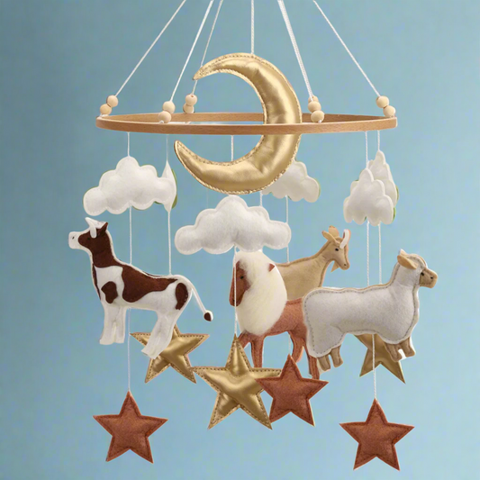 Neutral & Gold Farm Animals Felt Mobile | Handmade Nursery Mobile
