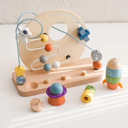 Wooden Space-Themed Beaded Busy Toy for Babies | Educational & Eco-Friendly Fun