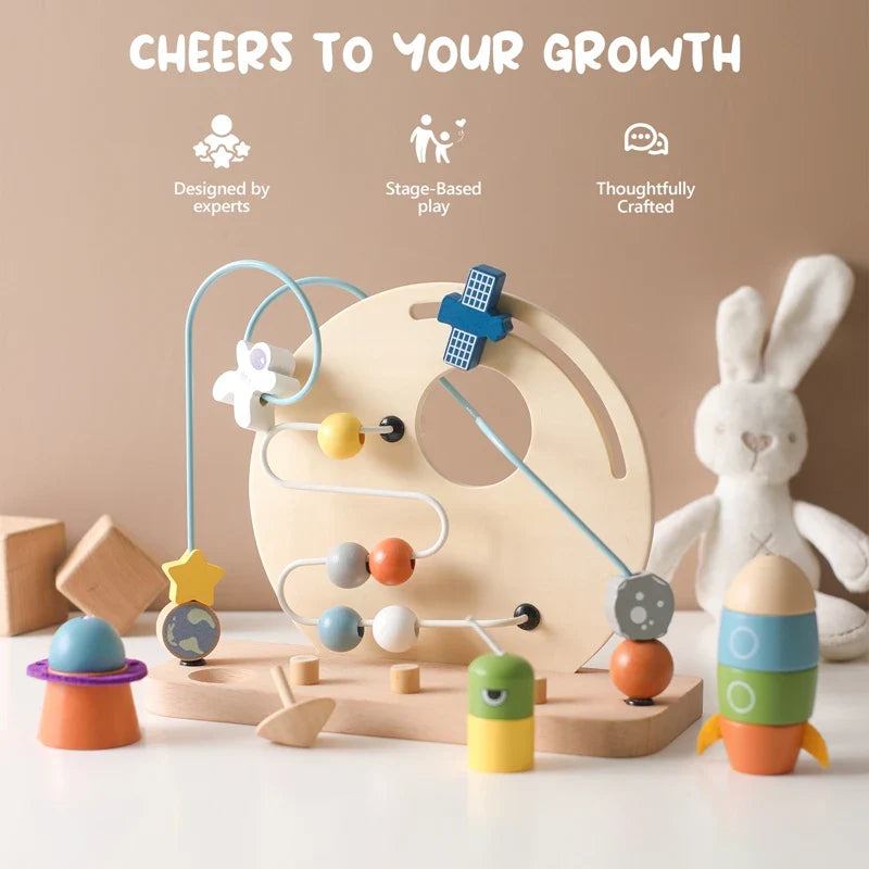 Wooden Space-Themed Beaded Busy Toy for Babies | Educational & Eco-Friendly Fun