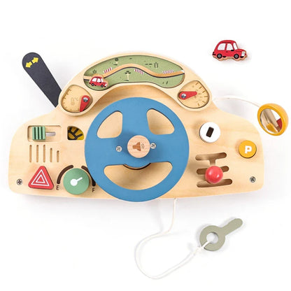 Montessori Wooden Steering Wheel Toy - Car Console Busy Board for Toddlers | Sensory Early Education Gift