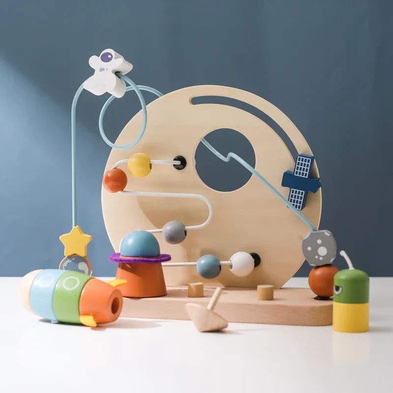 Wooden Space-Themed Beaded Busy Toy for Babies | Educational & Eco-Friendly Fun