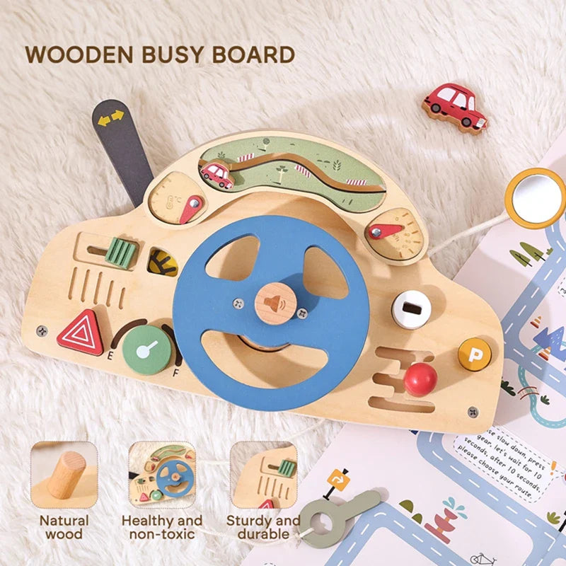 Montessori Wooden Steering Wheel Toy - Car Console Busy Board for Toddlers | Sensory Early Education Gift