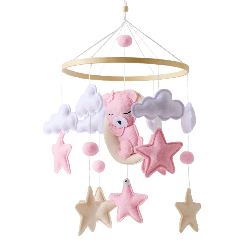 Bear Cuddling the Moon & Night Sky Felt Nursery Mobile