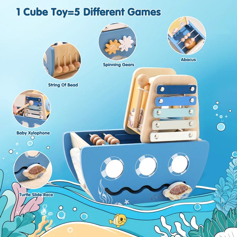 5-in-1 Multi-Activity Wooden Boat Busy Cube | Montessori-Inspired Educational Toy