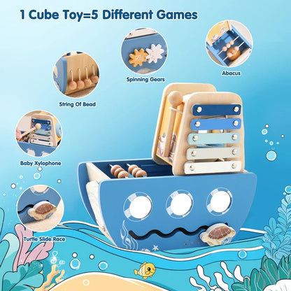 5-in-1 Multi-Activity Wooden Boat Busy Cube | Montessori-Inspired Educational Toy