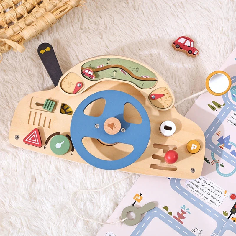 Montessori Wooden Steering Wheel Toy - Car Console Busy Board for Toddlers | Sensory Early Education Gift