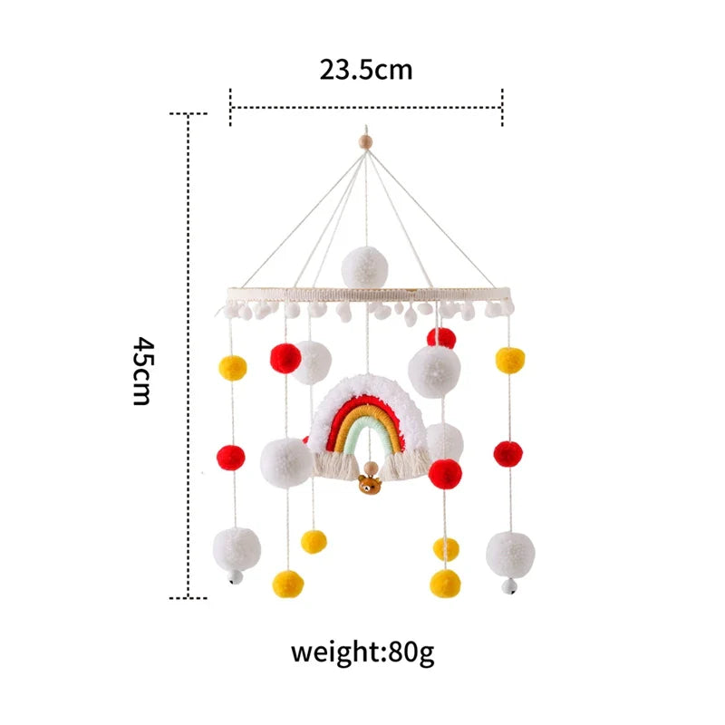 Boho Rainbow Wooden Crib Mobile with Felt & Wool Balls - Baby Crib Mobile
