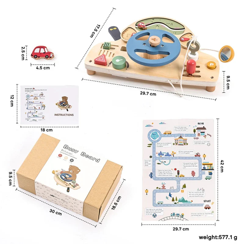 Montessori Wooden Steering Wheel Toy - Car Console Busy Board for Toddlers | Sensory Early Education Gift