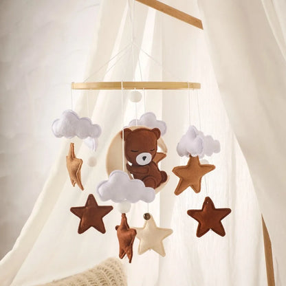Bear Cuddling the Moon & Night Sky Felt Nursery Mobile