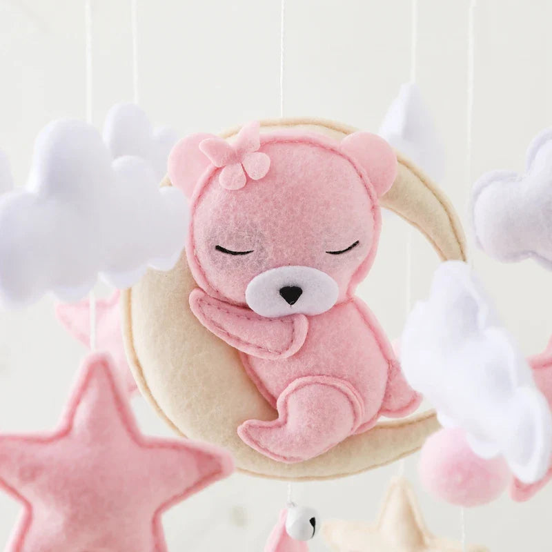 Bear Cuddling the Moon & Night Sky Felt Nursery Mobile