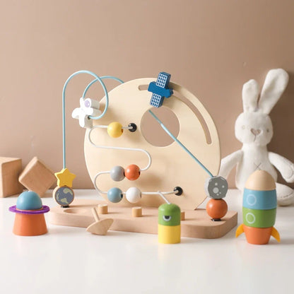 Wooden Space-Themed Beaded Busy Toy for Babies | Educational & Eco-Friendly Fun