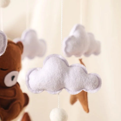 Bear Cuddling the Moon & Night Sky Felt Nursery Mobile