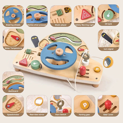 Montessori Wooden Steering Wheel Toy - Car Console Busy Board for Toddlers | Sensory Early Education Gift