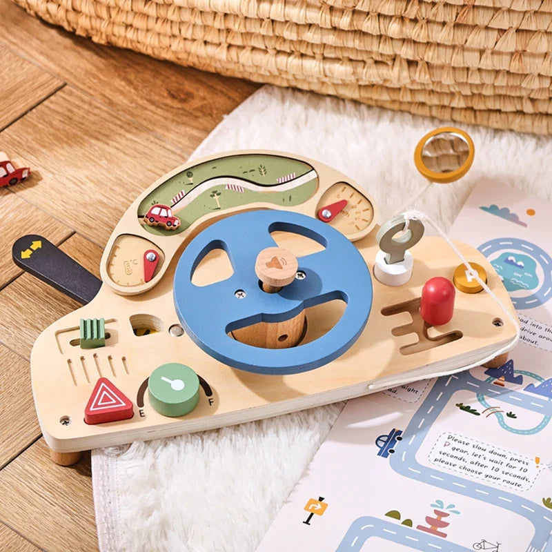 Montessori Wooden Steering Wheel Toy - Car Console Busy Board for Toddlers | Sensory Early Education Gift