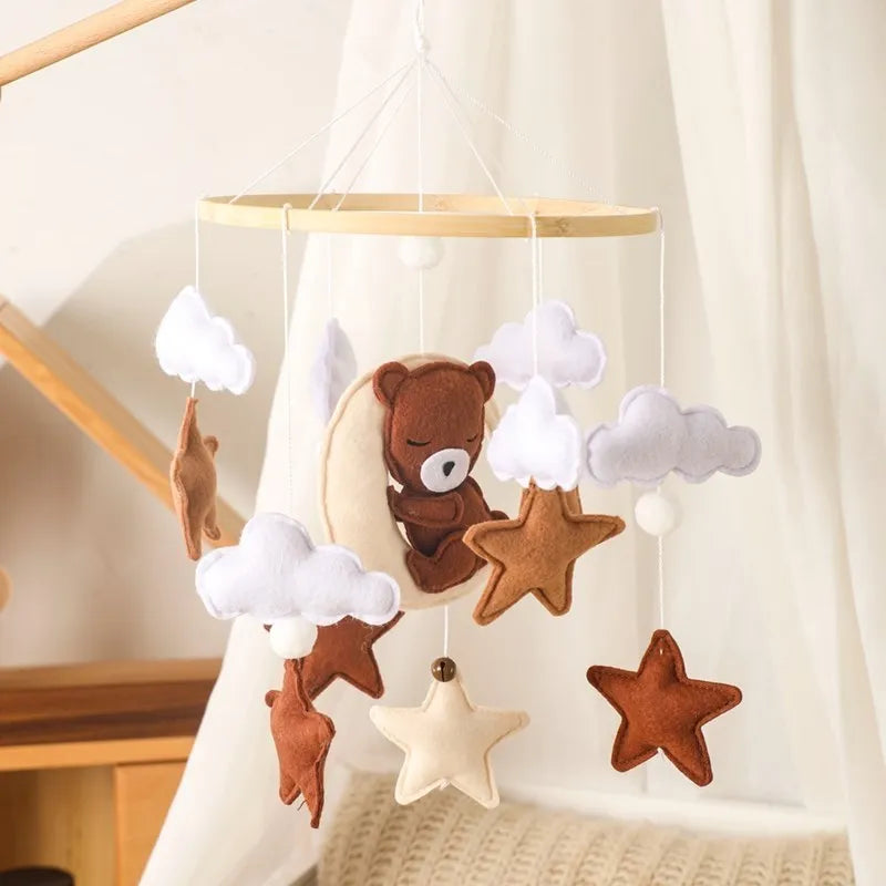 Bear Cuddling the Moon & Night Sky Felt Nursery Mobile