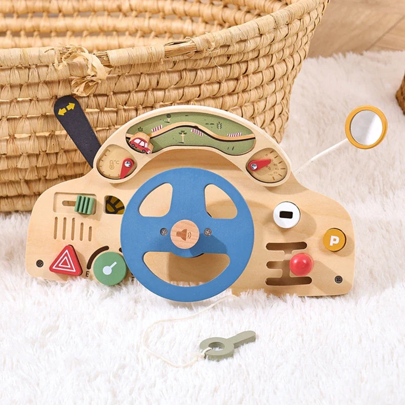 Montessori Wooden Steering Wheel Toy - Car Console Busy Board for Toddlers | Sensory Early Education Gift