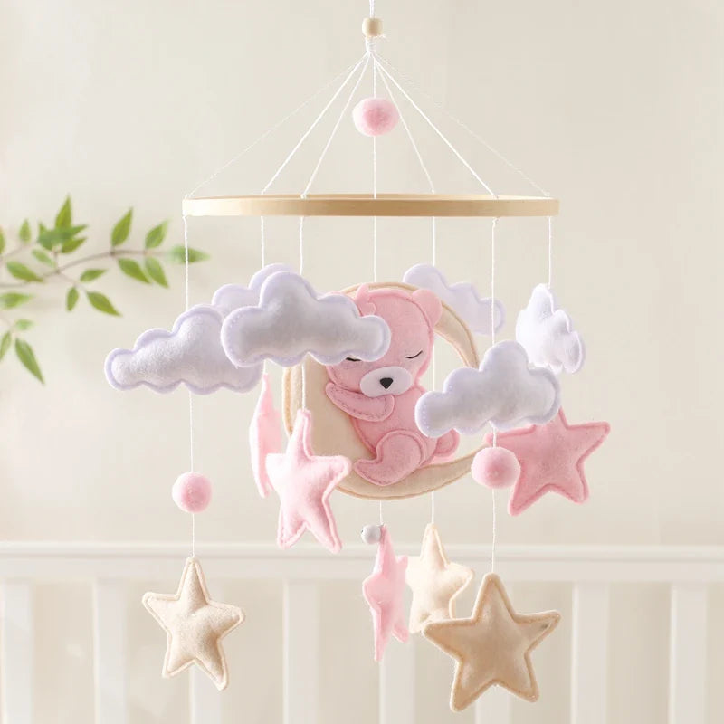 Bear Cuddling the Moon & Night Sky Felt Nursery Mobile