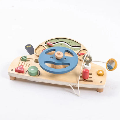 Montessori Wooden Steering Wheel Toy - Car Console Busy Board for Toddlers | Sensory Early Education Gift
