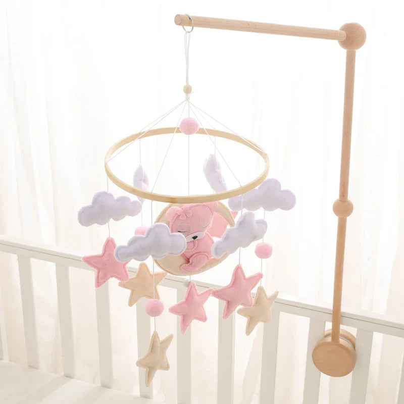 Bear Cuddling the Moon & Night Sky Felt Nursery Mobile