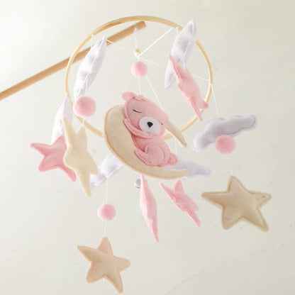 Bear Cuddling the Moon & Night Sky Felt Nursery Mobile
