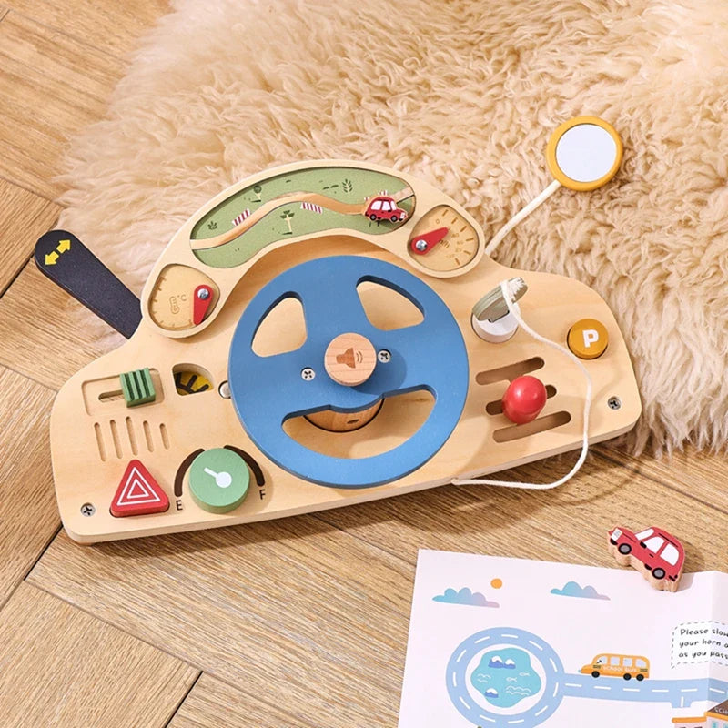 Montessori Wooden Steering Wheel Toy - Car Console Busy Board for Toddlers | Sensory Early Education Gift