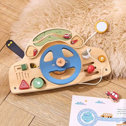 Montessori Wooden Steering Wheel Toy - Car Console Busy Board for Toddlers | Sensory Early Education Gift