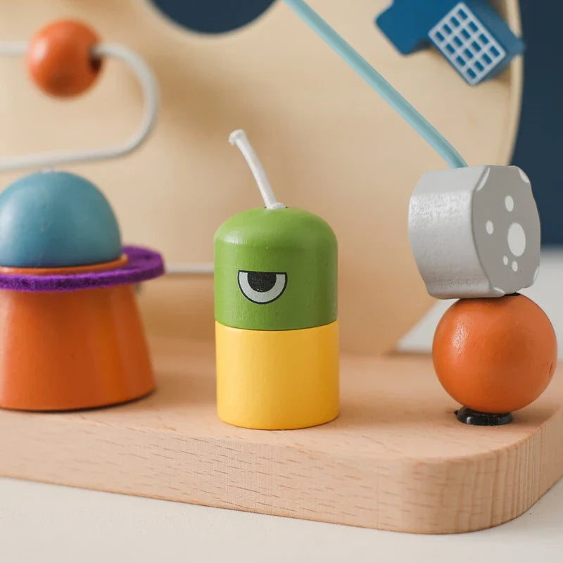 Wooden Space-Themed Beaded Busy Toy for Babies | Educational & Eco-Friendly Fun
