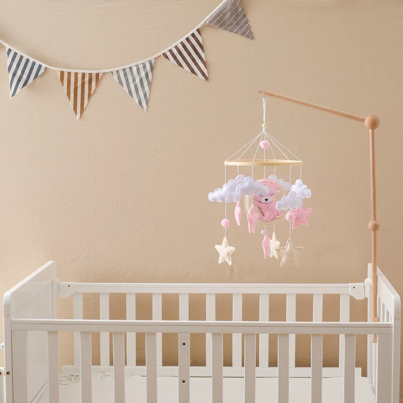 Bear Cuddling the Moon & Night Sky Felt Nursery Mobile