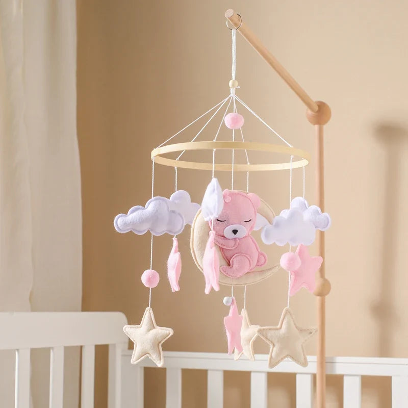 Bear Cuddling the Moon & Night Sky Felt Nursery Mobile