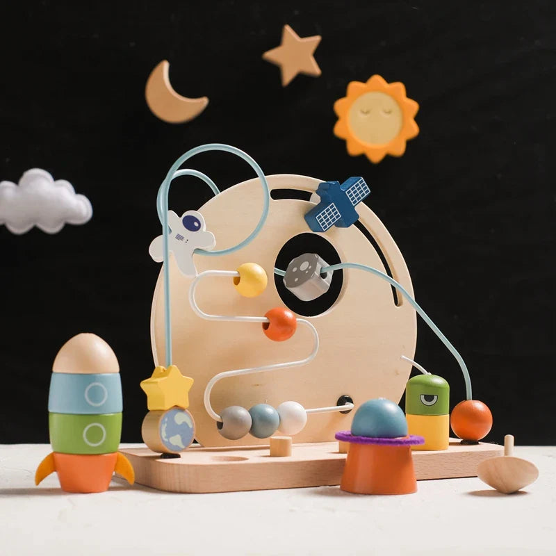 Wooden Space-Themed Beaded Busy Toy for Babies | Educational & Eco-Friendly Fun
