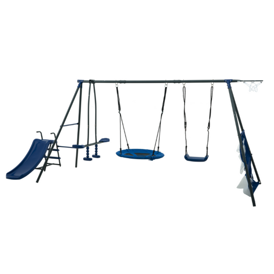 Xiunan-Leisure Saucer Swingset with Mini Slide and Net Swing Grey Blue Steel Outdoor Playground 31.5in