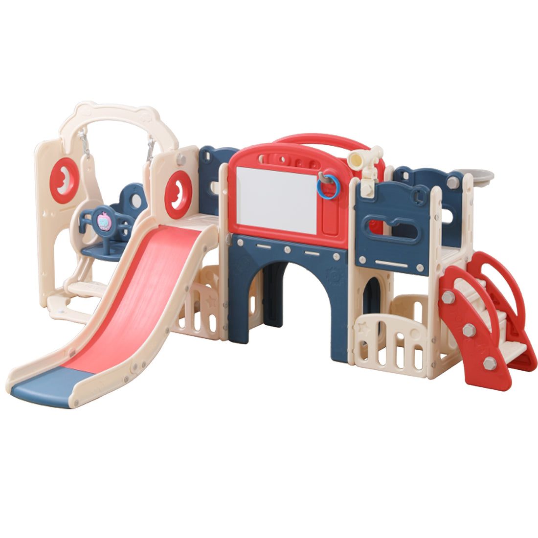 12 in 1 Indoor/Outdoor Playset for Toddlers 1-3- Swing & Slide Combo, Durable Climber Basketball Hoop Ball Toddler Indoor Playset for Home Playground - Red Blue