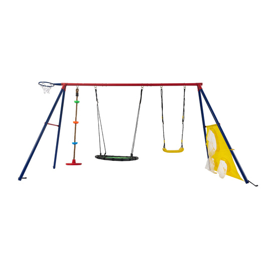 Rainbow Color 5in1 Swing Set with Textilene Swing and Tree Swing Disc Metal Plastic Safe Swing Seat 550lbs for Outdoor Playground for Age 3+
