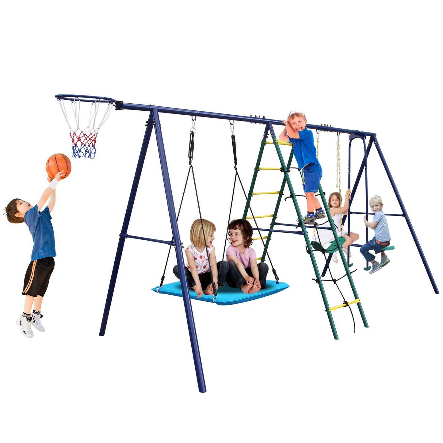6 in 1 Swing Set With Climbing Ladder, Climbing Net, Glider, Hammock Swing, Belt Swing, Basketball hoop for Backyard