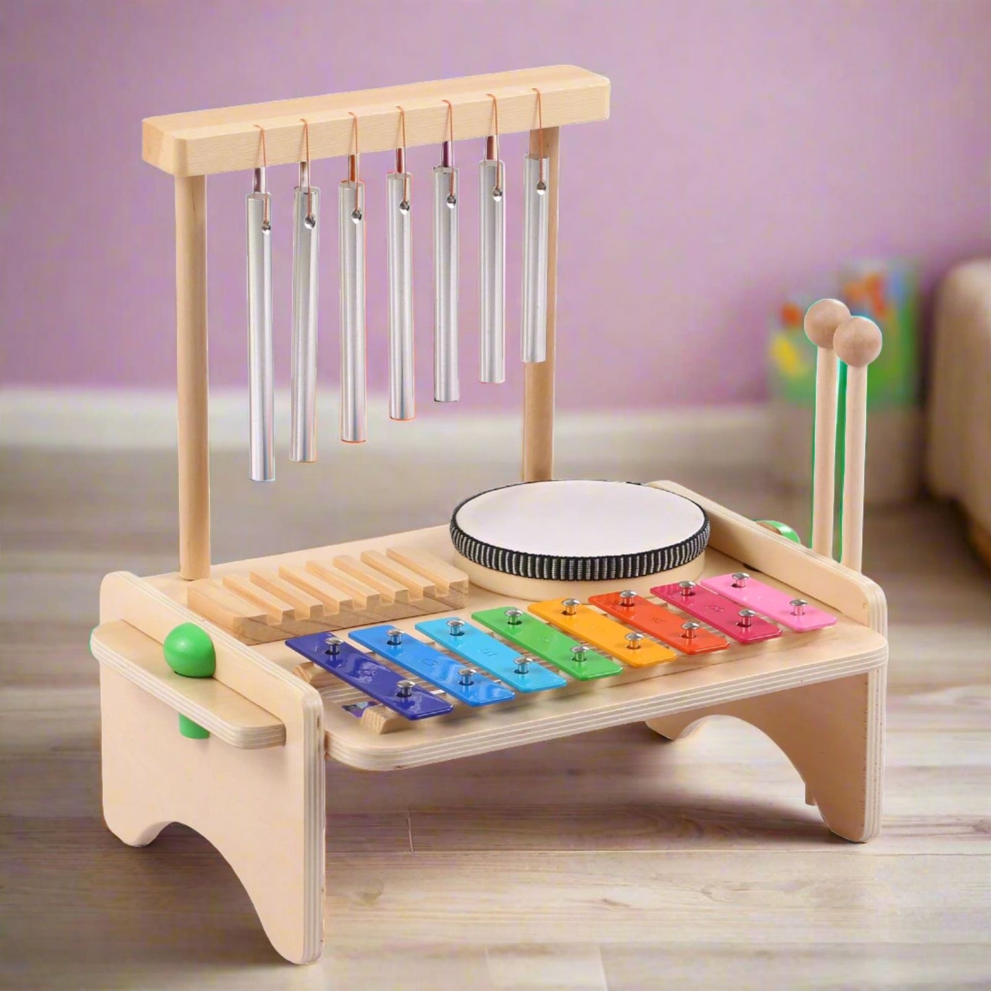 Kids Musical Instrument Set - 4-in-1 Drum, Xylophone, Wind Chime, and Scraper