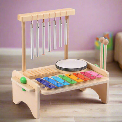 Kids Musical Instrument Set - 4-in-1 Drum, Xylophone, Wind Chime, and Scraper