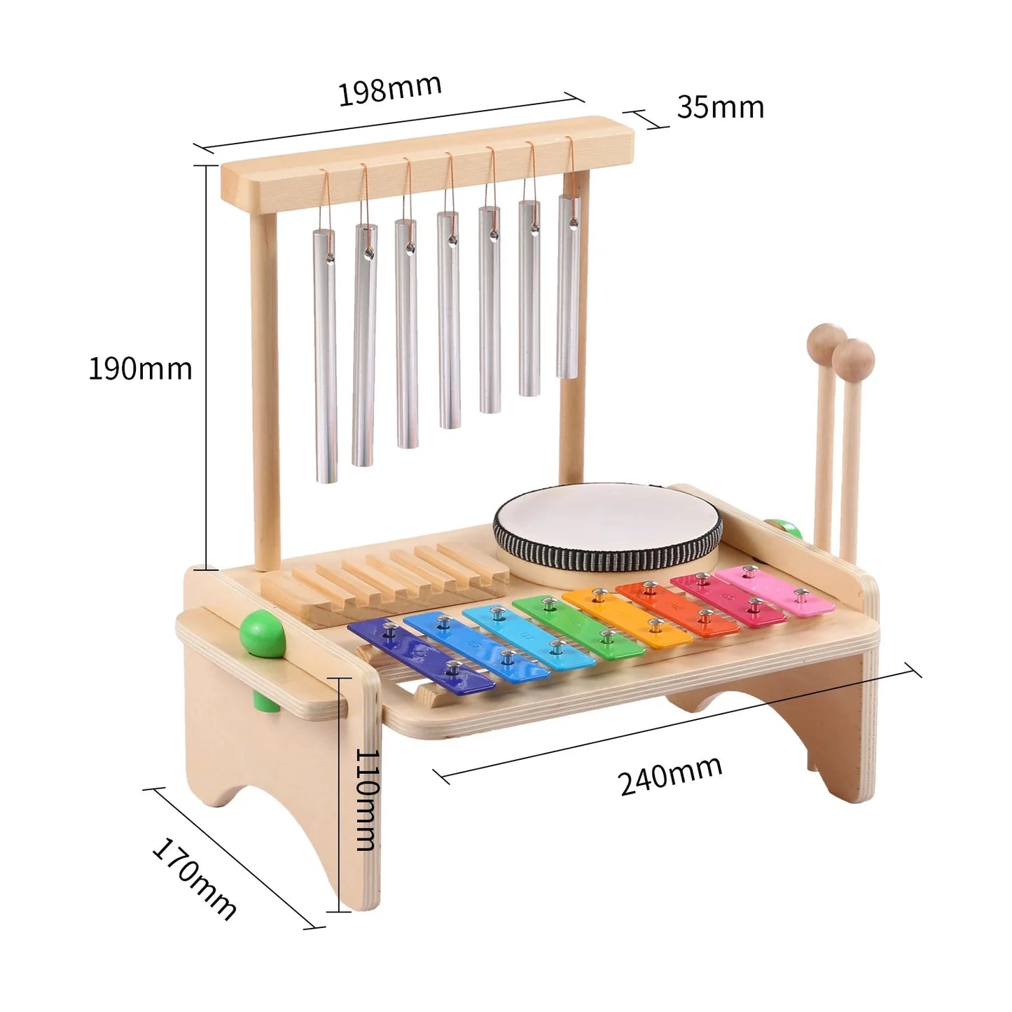 Kids Musical Instrument Set - 4-in-1 Drum, Xylophone, Wind Chime, and Scraper