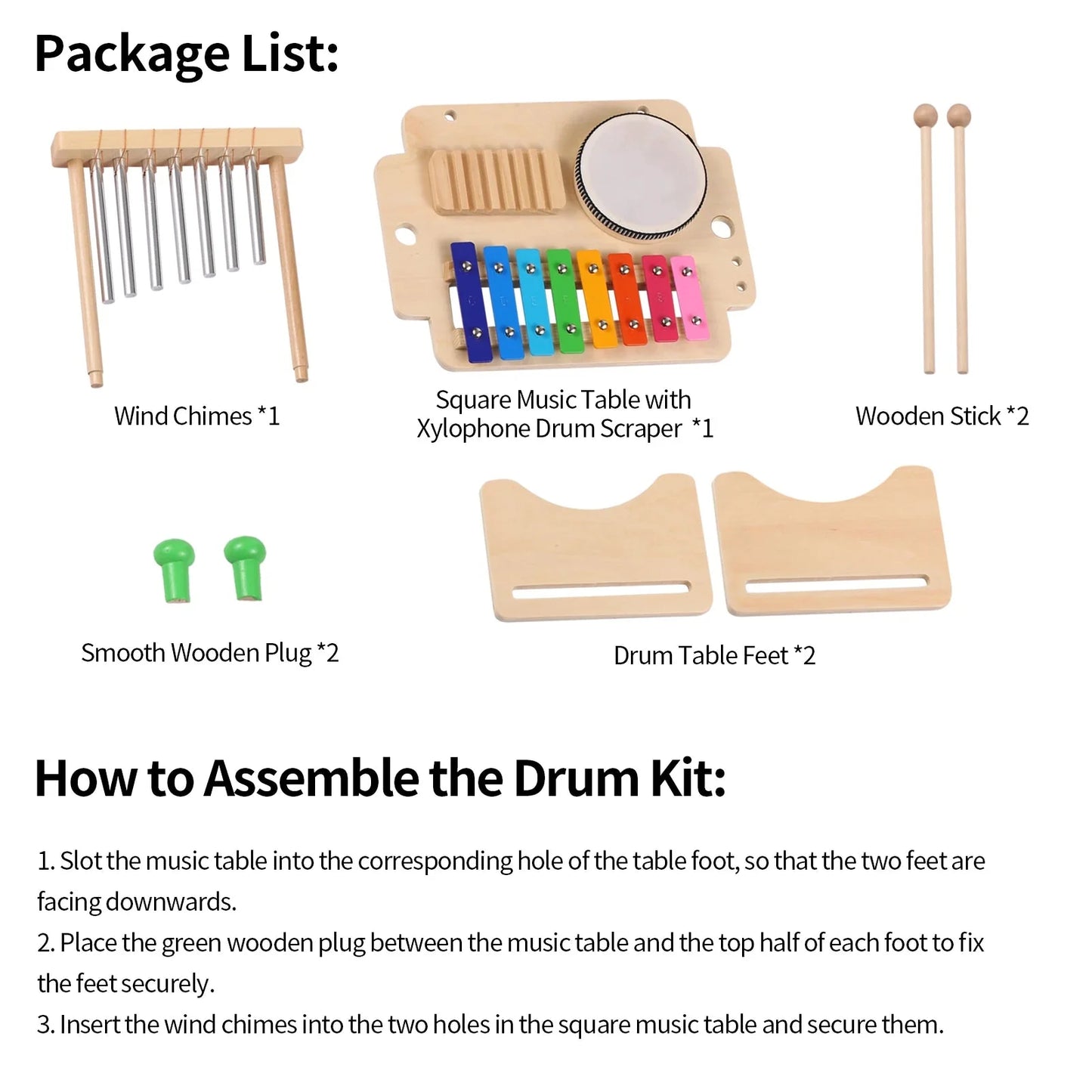 Kids Musical Instrument Set - 4-in-1 Drum, Xylophone, Wind Chime, and Scraper