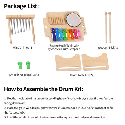 Kids Musical Instrument Set - 4-in-1 Drum, Xylophone, Wind Chime, and Scraper