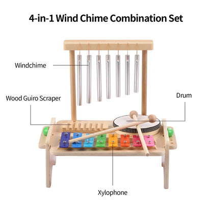 Kids Musical Instrument Set - 4-in-1 Drum, Xylophone, Wind Chime, and Scraper