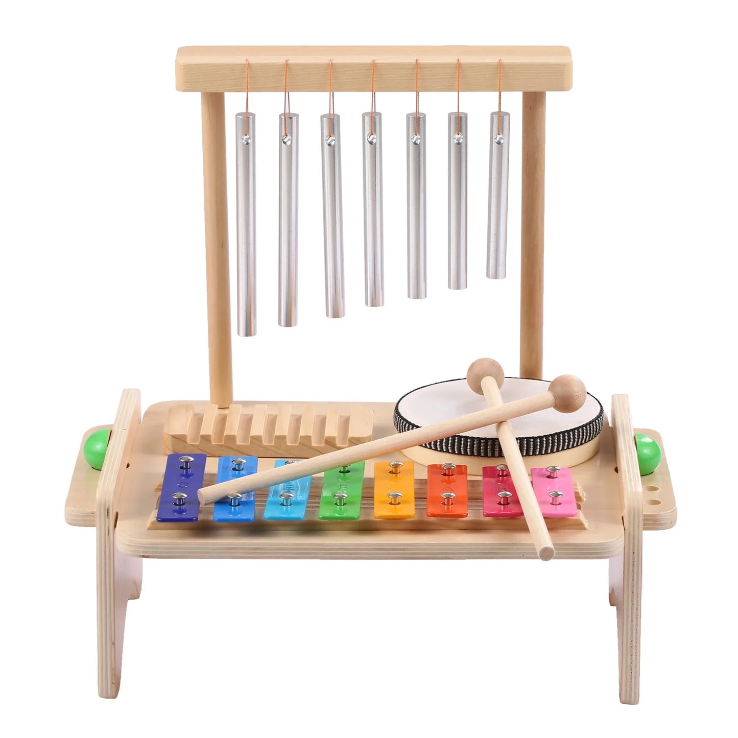 Kids Musical Instrument Set - 4-in-1 Drum, Xylophone, Wind Chime, and Scraper