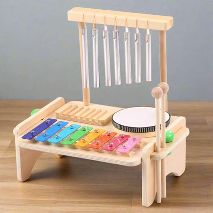 Kids Musical Instrument Set - 4-in-1 Drum, Xylophone, Wind Chime, and Scraper