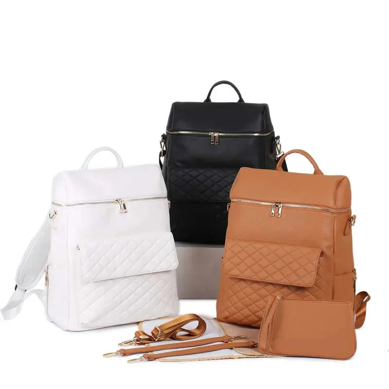 Luxury Vegan Leather Diaper Bag - Quilted Design with large capacity and accessories.