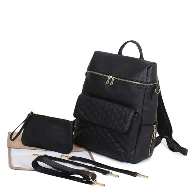 Luxury Vegan Leather Diaper Bag - Quilted Design with large capacity and accessories.