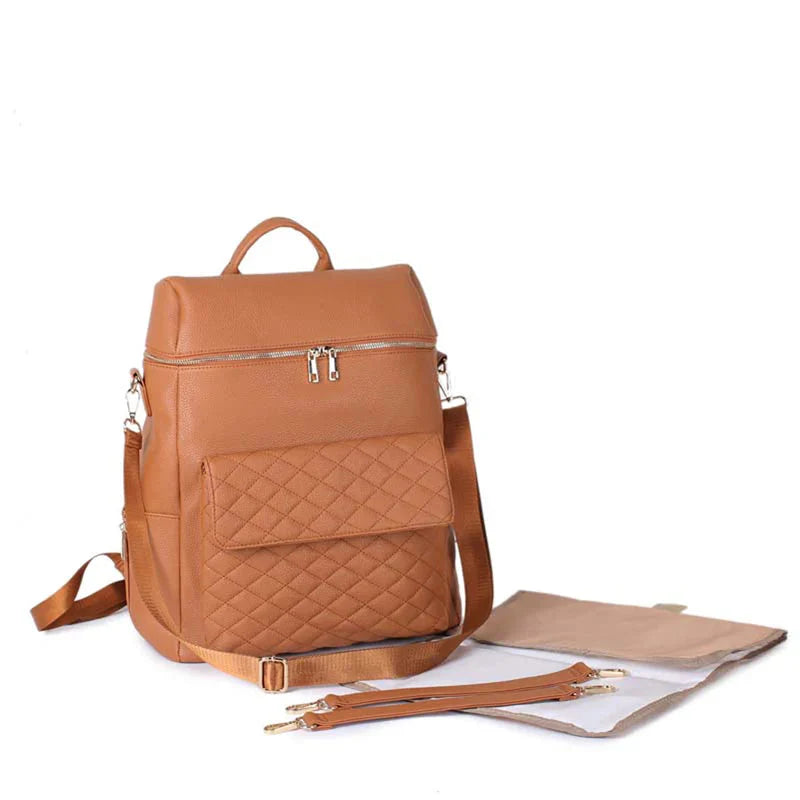 Luxury Vegan Leather Diaper Bag - Quilted Design with large capacity and accessories.