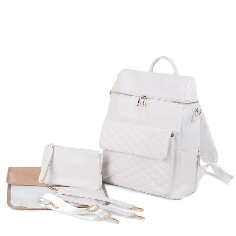 Luxury Vegan Leather Diaper Bag - Quilted Design with large capacity and accessories.