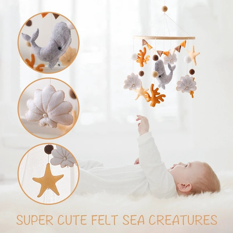 Blue & Orange Whale, Handmade Baby Mobile Wooden Bed Bell